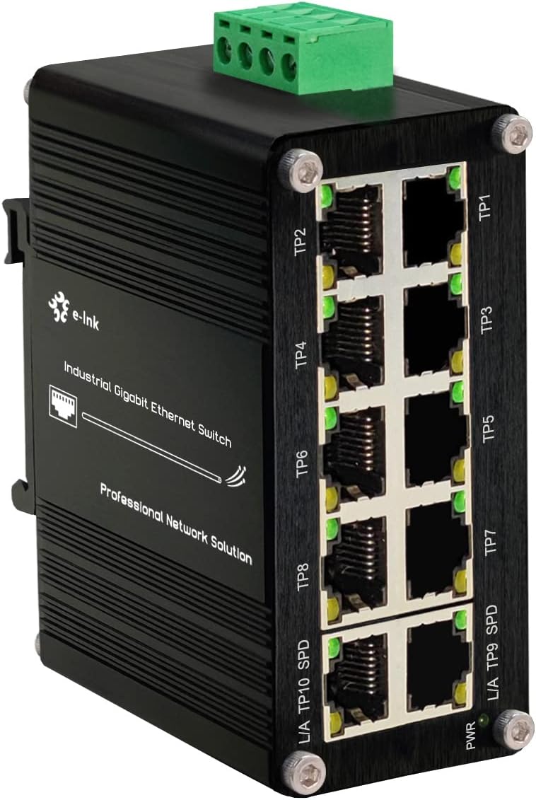 Industrial 10 Port Gigabit Ethernet Switch, RJ45 10/100/1000Mbps Mini Din Rail Mount Ethernet Switch, 12-48V DC Hardened Unmanaged Network Switch 20Gbps Switching Capacity