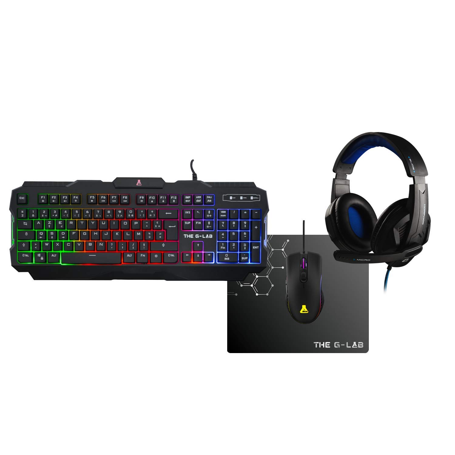 THE G-LAB Combo ARGON E - Set da gioco 4 in 1, tastiera Gamer AZERTY retroilluminata, mouse Gamer 3200 DPI, microfono cuffie da gioco, tappetino per mouse antiscivolo, versione francese