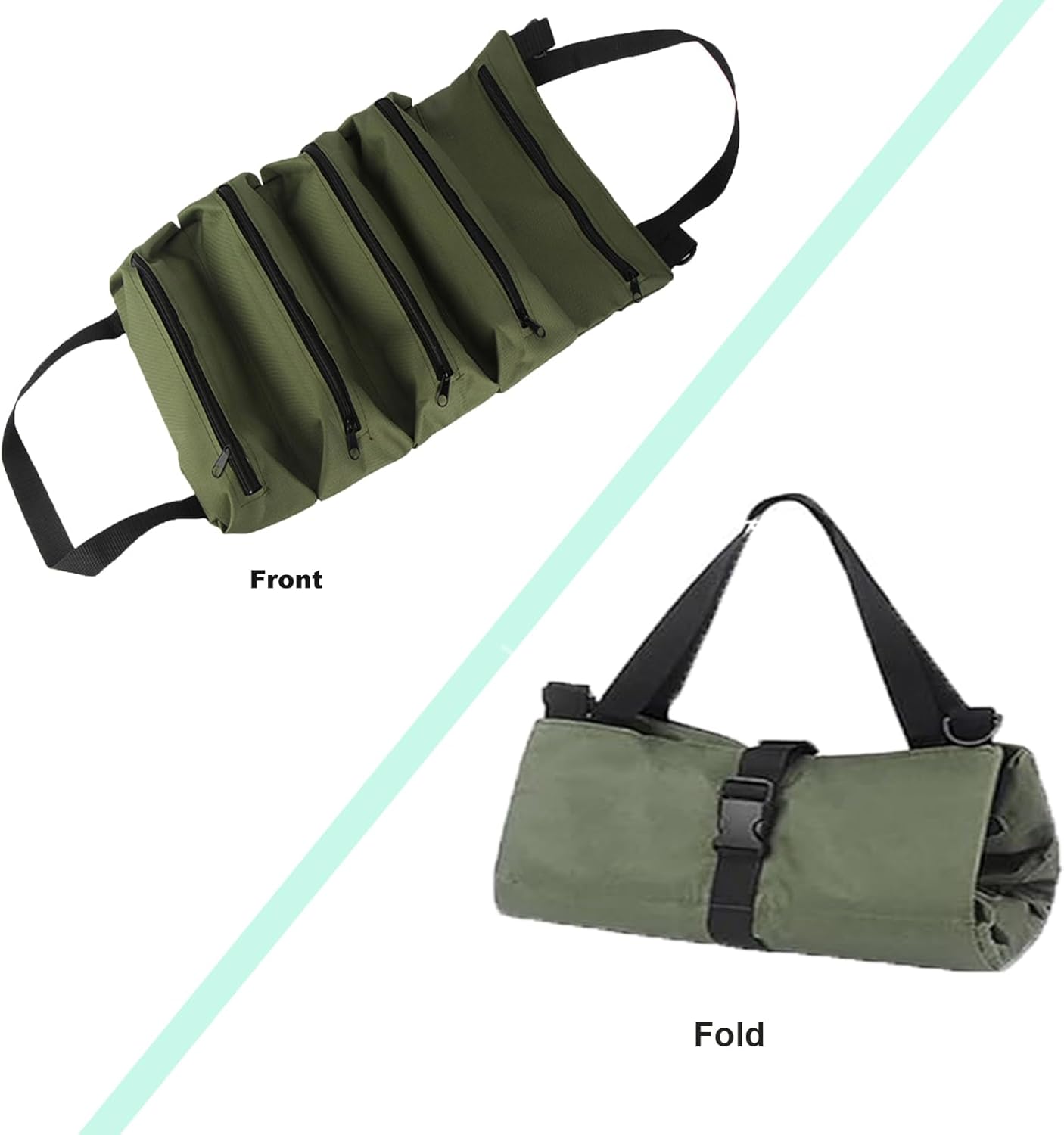 Tool Kit Roll, Heavy-Duty Tool Organizer Portable Tool Storage Bag, Rollable Tool Kit, Waterproof Oxford Cloth Zipper Bag, Suitable for Male Mechanics, Electricians, Repairman (Army Green)