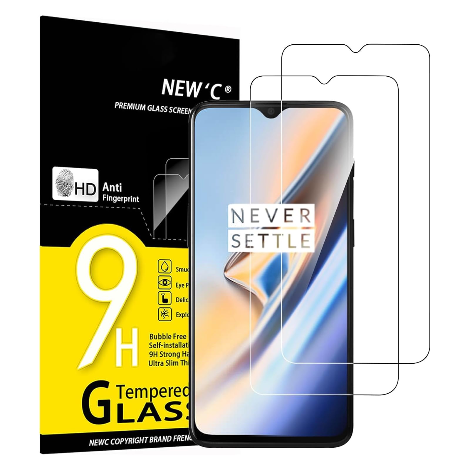 NEW'C 2 Pezzi, Vetro Temperato per OnePlus 6, Pellicola Prottetiva Anti Graffio, Anti-Impronte, Senza Bolle, Durezza 9H, 0,33mm Ultra Trasparente, Ultra Resistente
