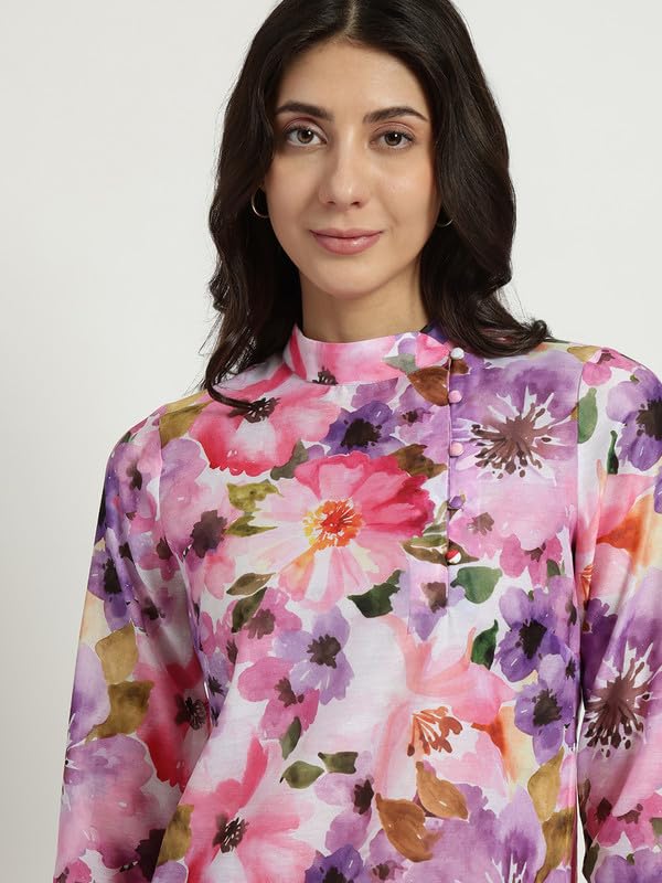 Image of FableStreet Women Formal Top | Asymmetrical Button Placket Band Collar Three-Quarter Sleeves | Pure Cotton Smooth Fabric for Office & Workwear
