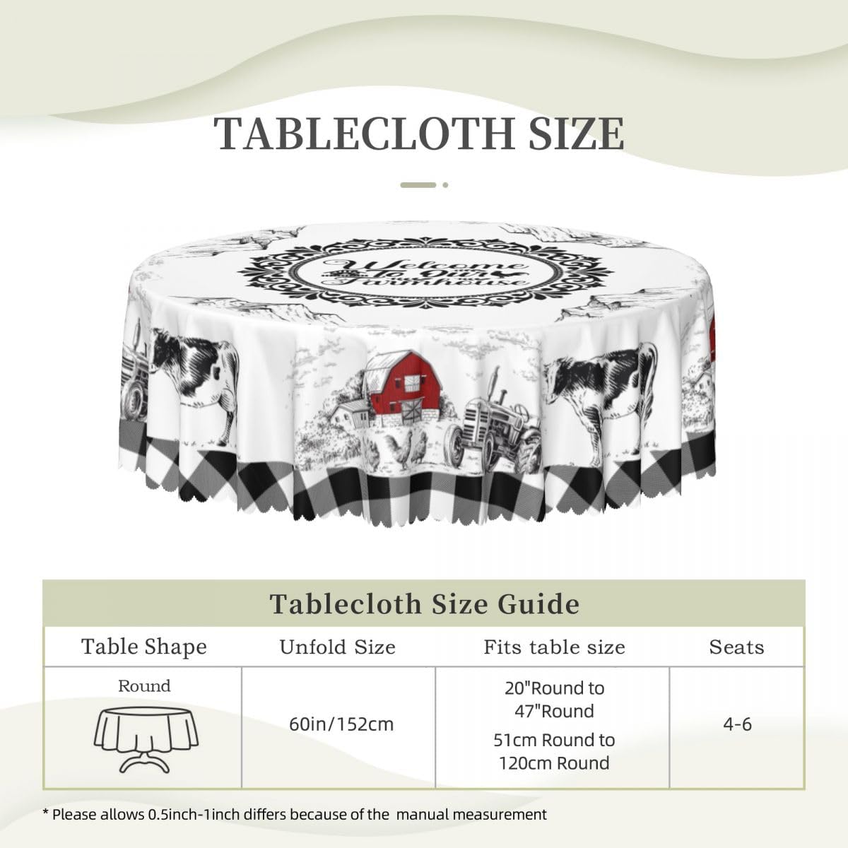 Farmhouse Tablecloth Round, Rustic Country Barn Cottage Cow Rooster Buffalo Plaid Water Resisitant Wipeable Table Cover for Dining Kitchen Living Room Home Party Holiday Decor 60 inch Round