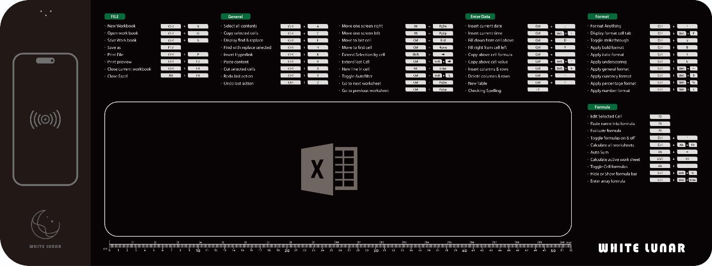 White Lunar] Wireless Charging Mouse Pad with Excel Shortcuts – 15W Fast Charger for iPhone & Galaxy, Large Desk Mat for Windows Users, Home Office Productivity & Gift Idea