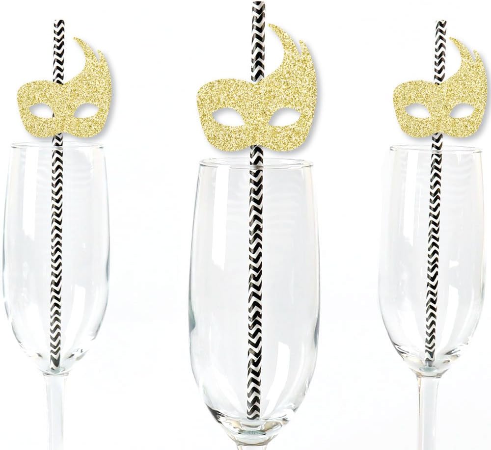 Bеѕt Quаlіtу 🔥 Gold Glitter Masks Party Straws - No-Mess Real Gold Glitter Cut-Outs & Decorative Masquerade Mardi Gras Party Paper Straws - Set of 24