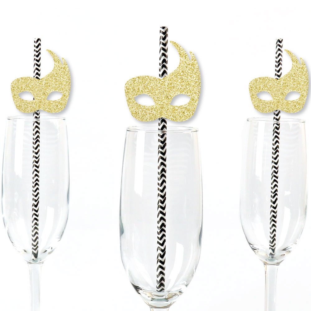 Big Dot of Happiness Gold Glitter Masks Party Straws - No-Mess Real Gold Glitter Cut-Outs & Decorative Masquerade Mardi Gras Party Paper Straws - Set of 24