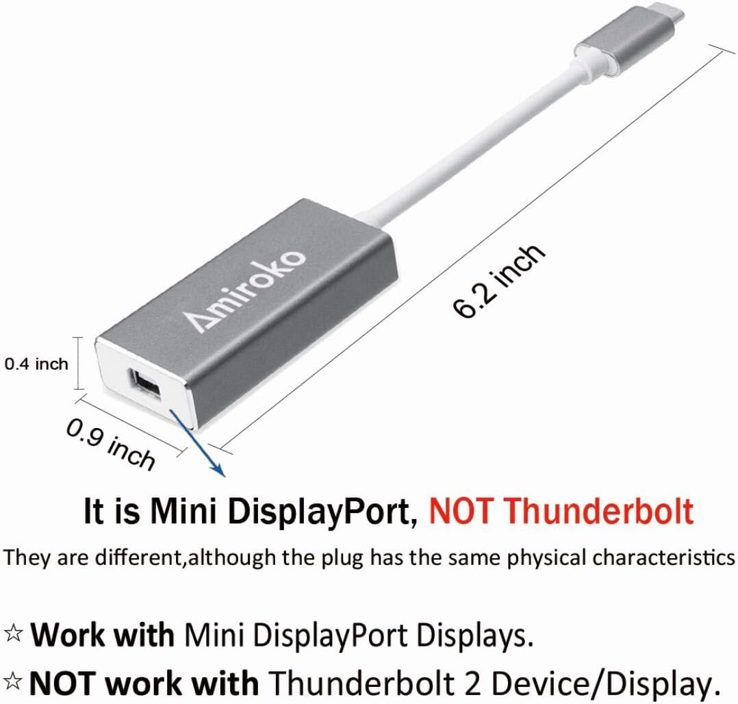 USB-C to Mini DisplayPort Adapter, USB 3.1 Type C (Thunderbolt 3) to Mini DP Adapter Support 4K, 1080P for MacBook Pro, Alienware, to LED Cinema Display/Dell Monitor etc, Gray