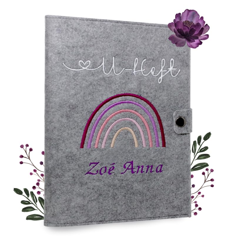 Cozy Racoon U-Heft- und Impfpasshülle aus Filz mit Personalisierung/Name | 3- teiliges Set | Hochwertige Hülle für Untersuchungsheft, Impfpass und Versichertenkarte Deines Kindes | Regenbogen Rosa