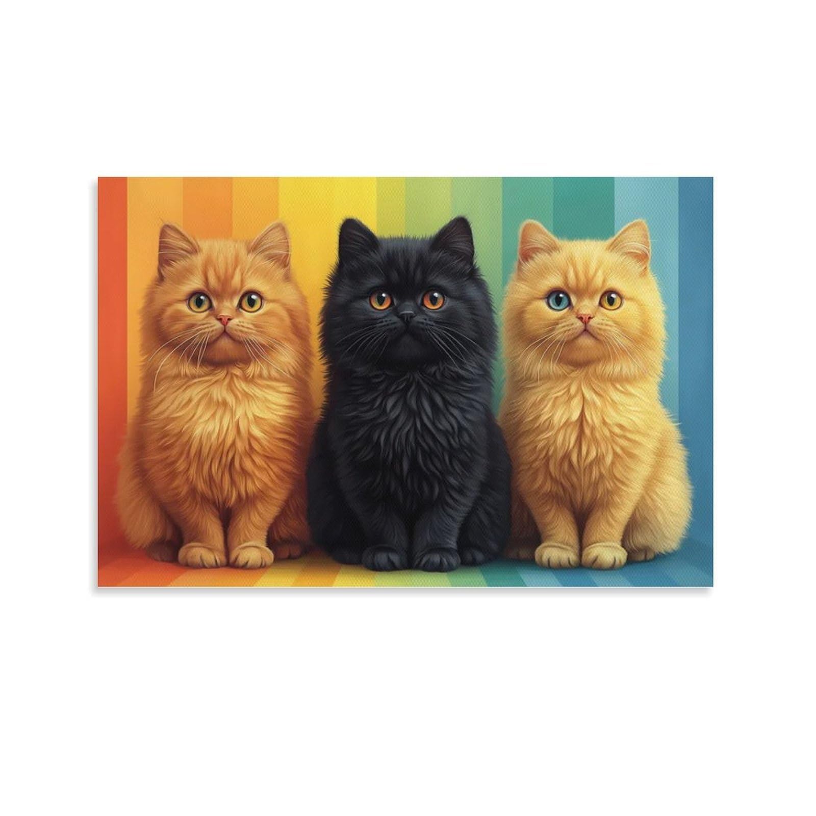 CPLVKWRQJ Cat Individual Three Cats on Rainbow Background Canvas Wall Decor - Nursery Wall Hanging Space Saving Removable Ready to Hang 20x30inch(50x75cm)