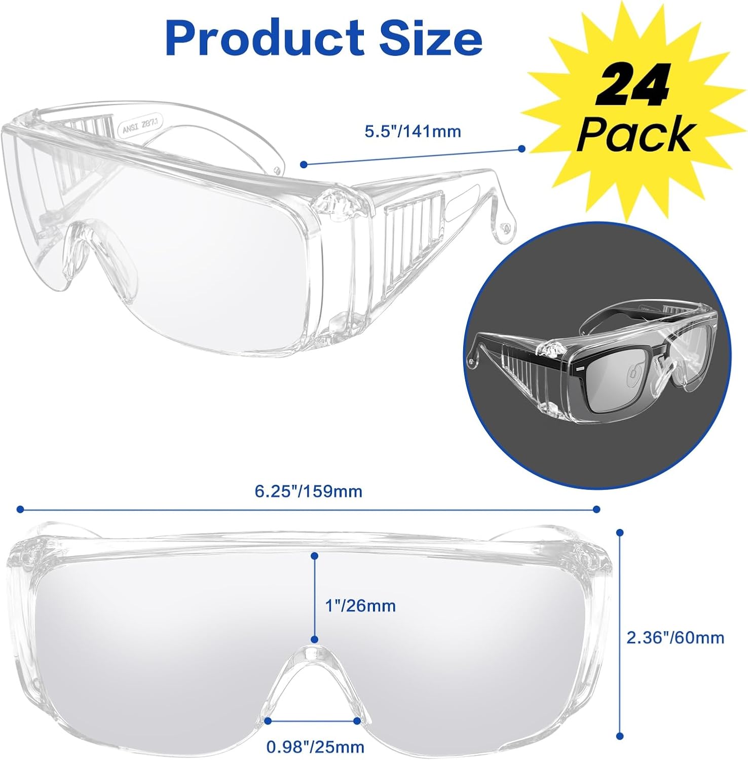 ANSI Z87.1 Clear Safety Glasses Over Eyeglasses, Anti-Fog Scratch Safety Goggles for Men Women Adults