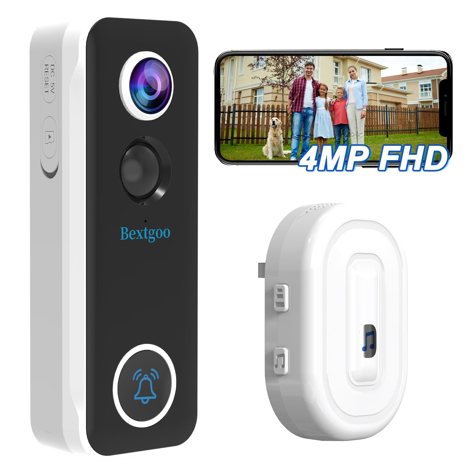 4MP Timbre Inalámbrico con Camara, Bextgoo Timbre Videoportero Inalámbrico Exterior Impermeable IP67, 10000mAh Batería, Detección Humana, Visión Nocturna, Audio Bidireccional, Soporte Alexa, SD/Nube