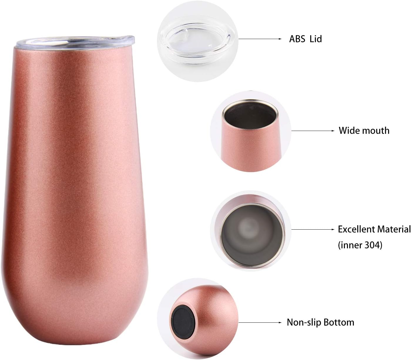 Sivaphe 6 Ounce Stemless Champagne Flutes with Lid, Small Stainless Steel Resuable Toaste Mug, Rosegold Insulated Champagne Tumbler 2 Pack - Image 5