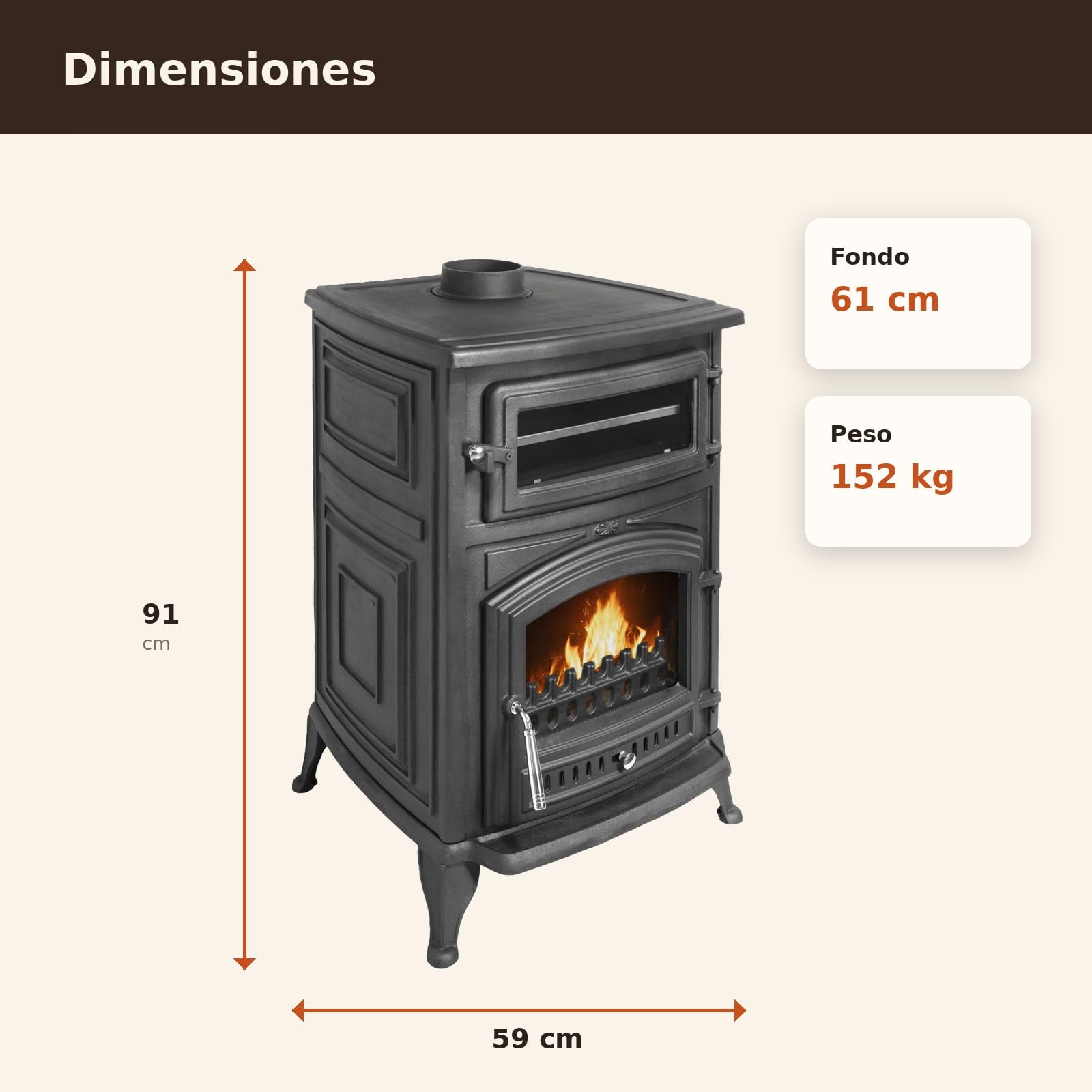 EIDER BIOMASA Estufa Leña ANTARES IRON con Horno – 16,28 kW – Fundición Completa – Horno 16×29×41 cm – Hasta 315 m³ – 91×59×61 cm – Clase A