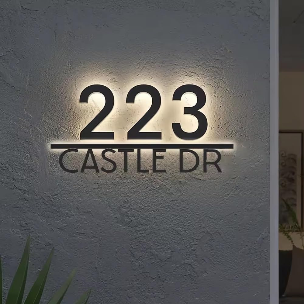 Letrero Personalizado Con Números De Casa Modernos Retroiluminados Por LED, Placa Iluminada Con El Nombre De La Calle Personalizable, Placa Acrílica Exterior Iluminada Personalizada(18inch)