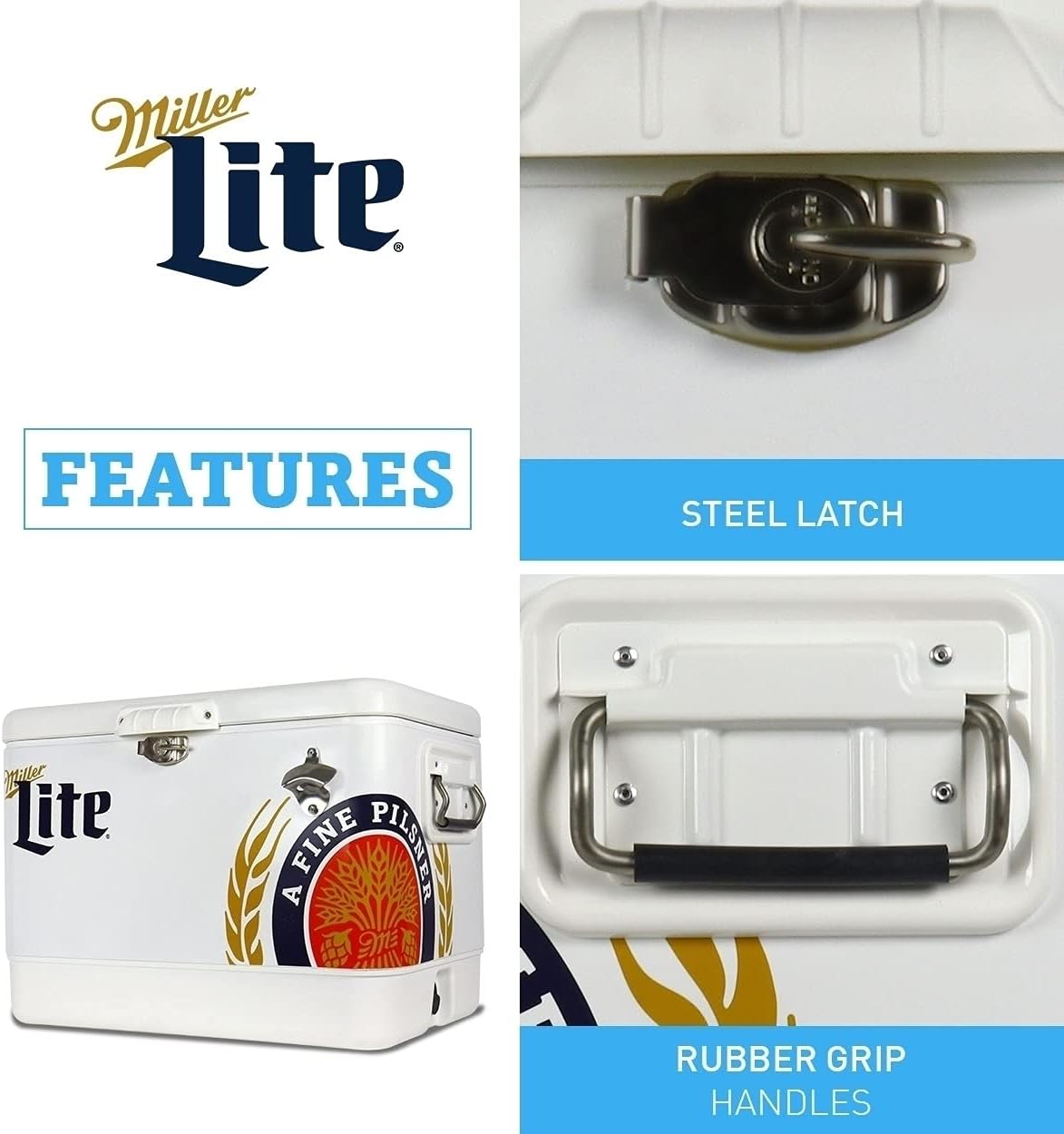 Miller Light Ice Chest Cooler - 85 Can Ice Box, Portable Ice Bucket with Bottle Opener, Vintage Style, Insulated for Camping, Beach, Picnic, RV, BBQs, Tailgating, Fishing, Steel-Belted, 51L (54 qt)