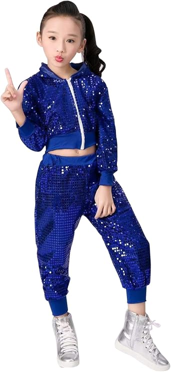 Girls Sequin Dance Set, Sparkle Hip Hop Jazz Dance Dresses, Cropped Sequin Jacket Pants Set Dancing Outfits
