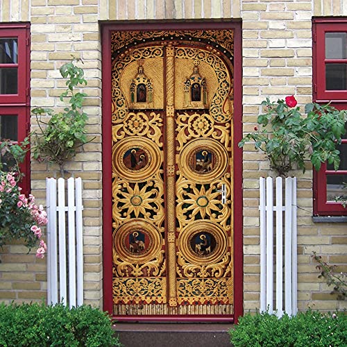 PatróN de Relieve Antiguo Autoadhesivo Puerta Pegatina Papel Pintado Puerta Mural 86x200 cm Oro Impermeable para Baño Sala de Estar Cocina y Dormitorio Pegatinas Decorativas