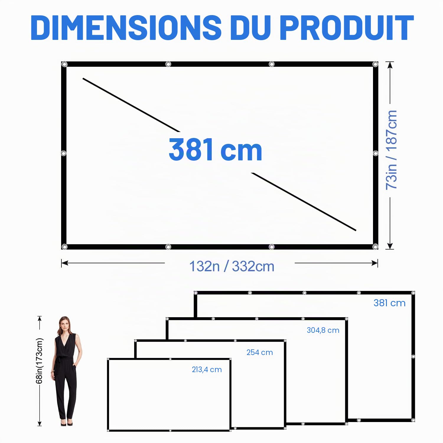 Écran de projecteur 150 Pouces 16: 9 HD Pliable Anti-froissement Écran de Projection Portable pour cinéma Maison Support intérieur extérieur Rideau de Film à Projection Double Face