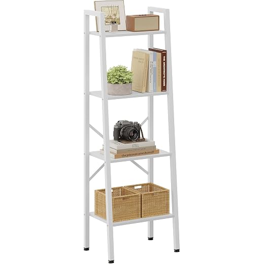 Hoctieon 4-Tier Industrial Ladder Bookshelf, Narrow Ladder Shelf, Tall Standing Bookshelf, Skinny Open Ladder Shelf, for Living Room, Home Office, Kitchen, Bedroom, Metal Frame, White