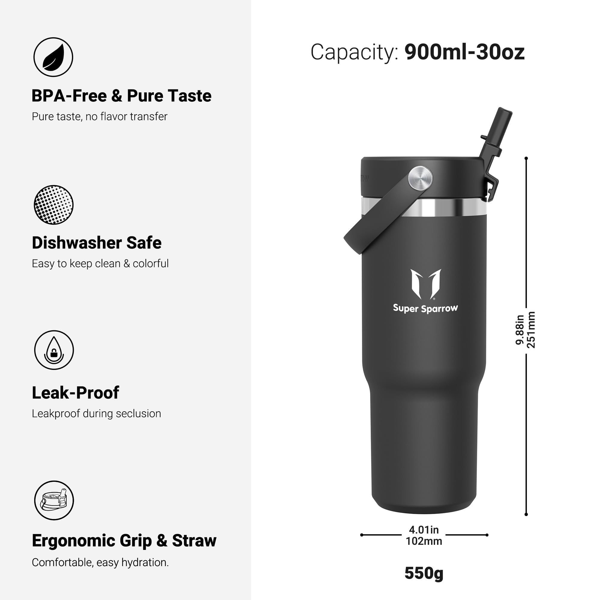 Sparrow Borraccia Termica 900ml - Twistpath Borracce con Tappo Flex con Cannuccia - Senza BPA & Perdite Bottiglia Acqua - Inox Borracce Termiche Per Portabevande - Ideale Per Casa, Ufficio O Auto