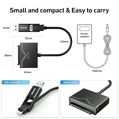 Vista 7 de BENFEI Cable SATA a USB 3.0, adaptador de disco duro USB 3.0 a SATA III compatible con disco duro HDD/SSD de 2.5 de 3.5 pulgadas con adaptador