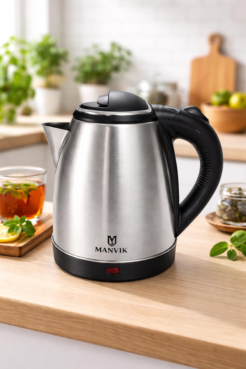 MANVIK Stainless Steel Kettle 1.5L | 1500 Watts | Stainless Steel Hot Water portable Electric Kettle for Home, Office | Auto Shut-Off with Wide Mouth | Cool-touch Handle and Single-Touch Lid Lock