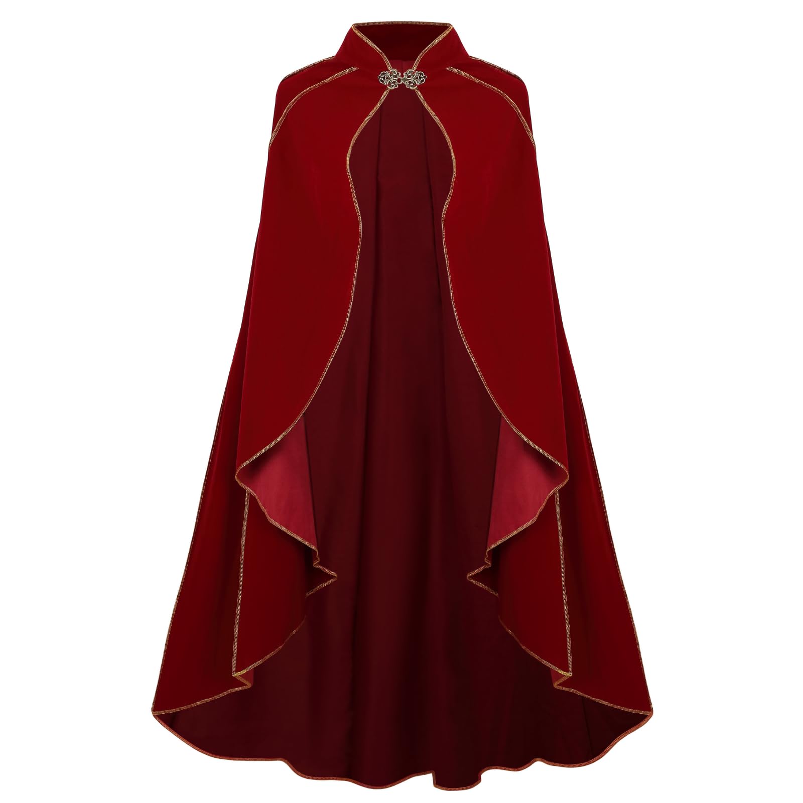 HAPNBCELE Women's Medieval Cloak Renaissance Velvet Cape with Stand-Up Collar Queen Empress Princess Costume Halloween Christmas Party Cosplay Dress Up (Red, 51.1“/130cm)