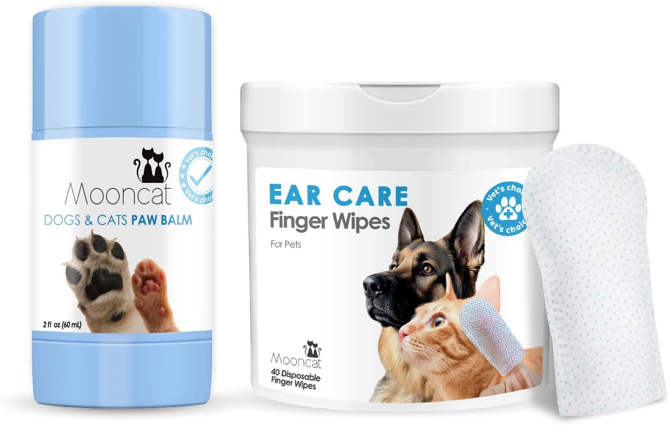 Mooncat Pet Paw & Ear Care Bundle – Natural Dog Paw Balm for Dry Nose and Cracked Pads with Jojoba Oil, Aloe & Vitamin E (2oz) + Cat & Dog Ear Cleaner Wipes for Wax & Dirt Removal, Odor Control & Dail