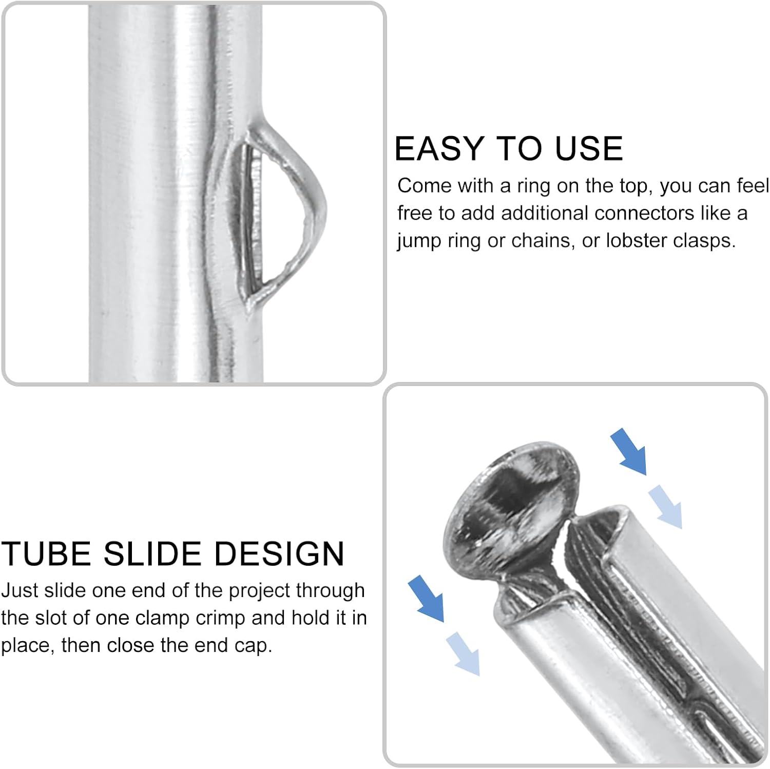 uxcell 160Pcs Slide on End Clasps, 10/13/16/20/25/30/35/40mm Tube Ball Bead Slider Crimp Ends for Multi-Strand DIY Craft Making, Silver White - Image 4