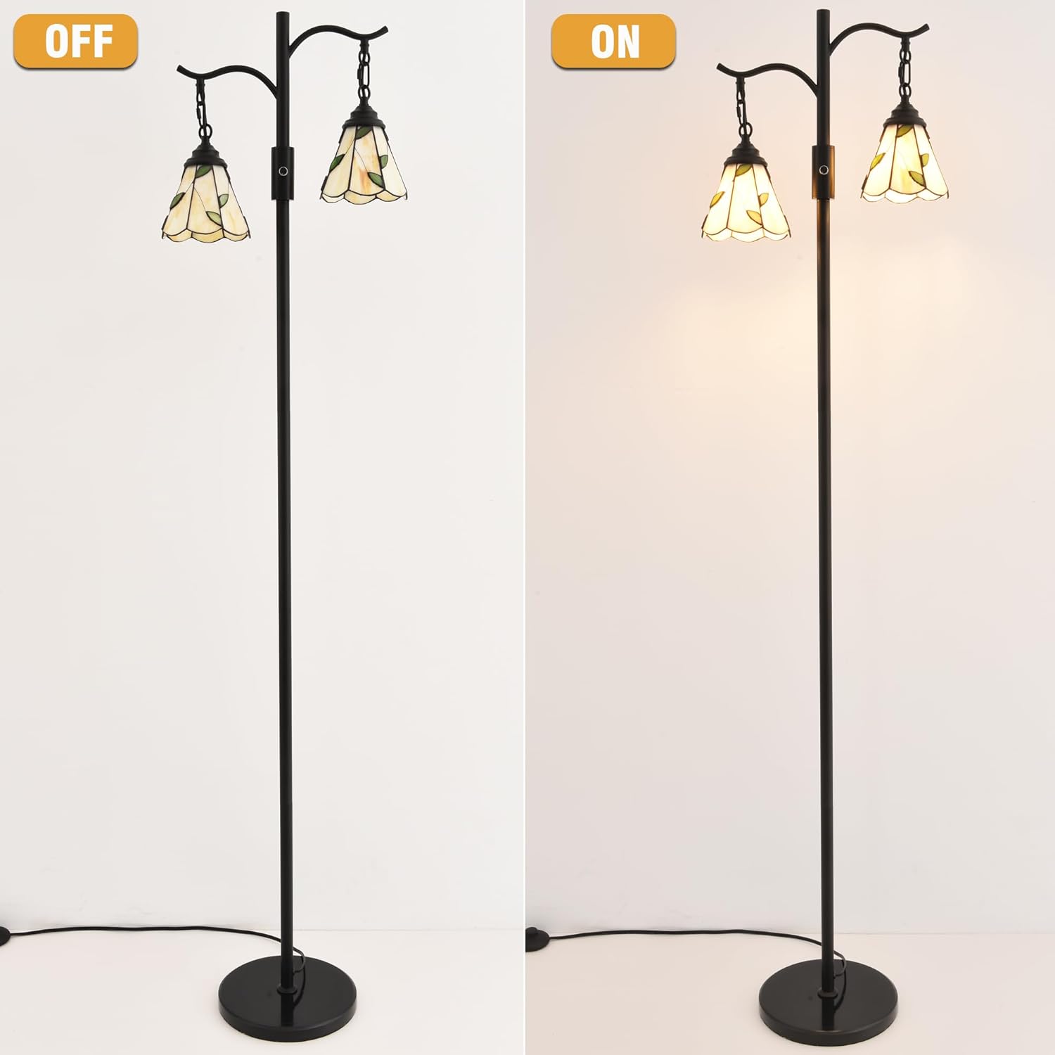 Vintage Dimmable Floor Lamp,2 Tiffany Lampshades Standing Lamp, Rustic Farmhouse Floor Lamps with Black Finish,for Living Room Bedroom
