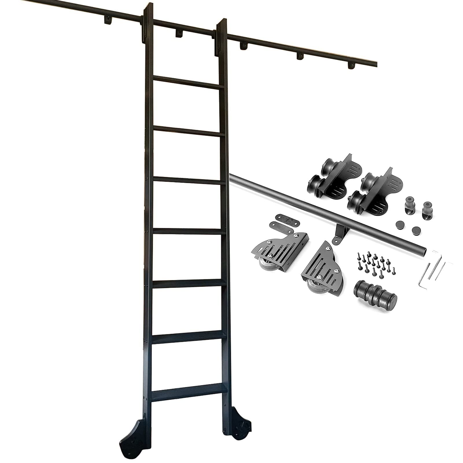 DFGHNBVC Black S Library Ladder Hardware Kit With Round Tube Mobile Ladder Rail 6.6Ft Tensible Roller Rolling Track And Floor Roller Wheel,Onecolor-16Ft/500Cm Track Kit