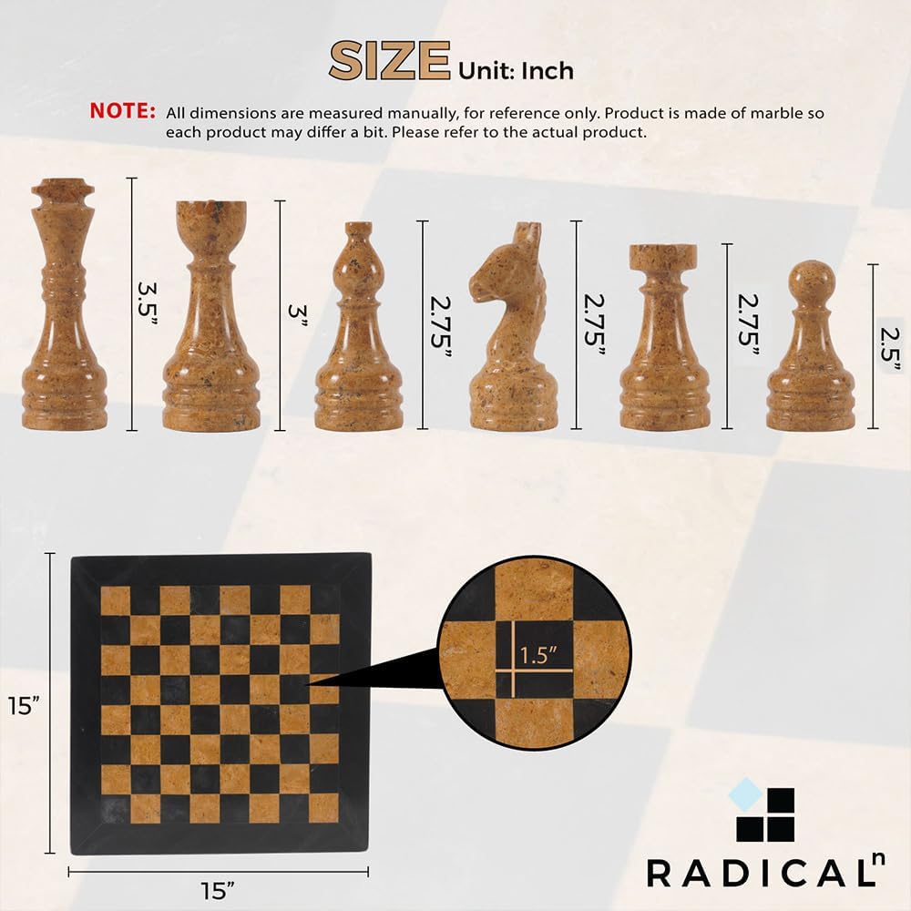 Radicaln Set di scacchi in marmo, 38 cm, nero e oro, gioco fatto a mano, 1 tavola e 32 pezzi, gioco da tavolo per 2 giocatori per adulti