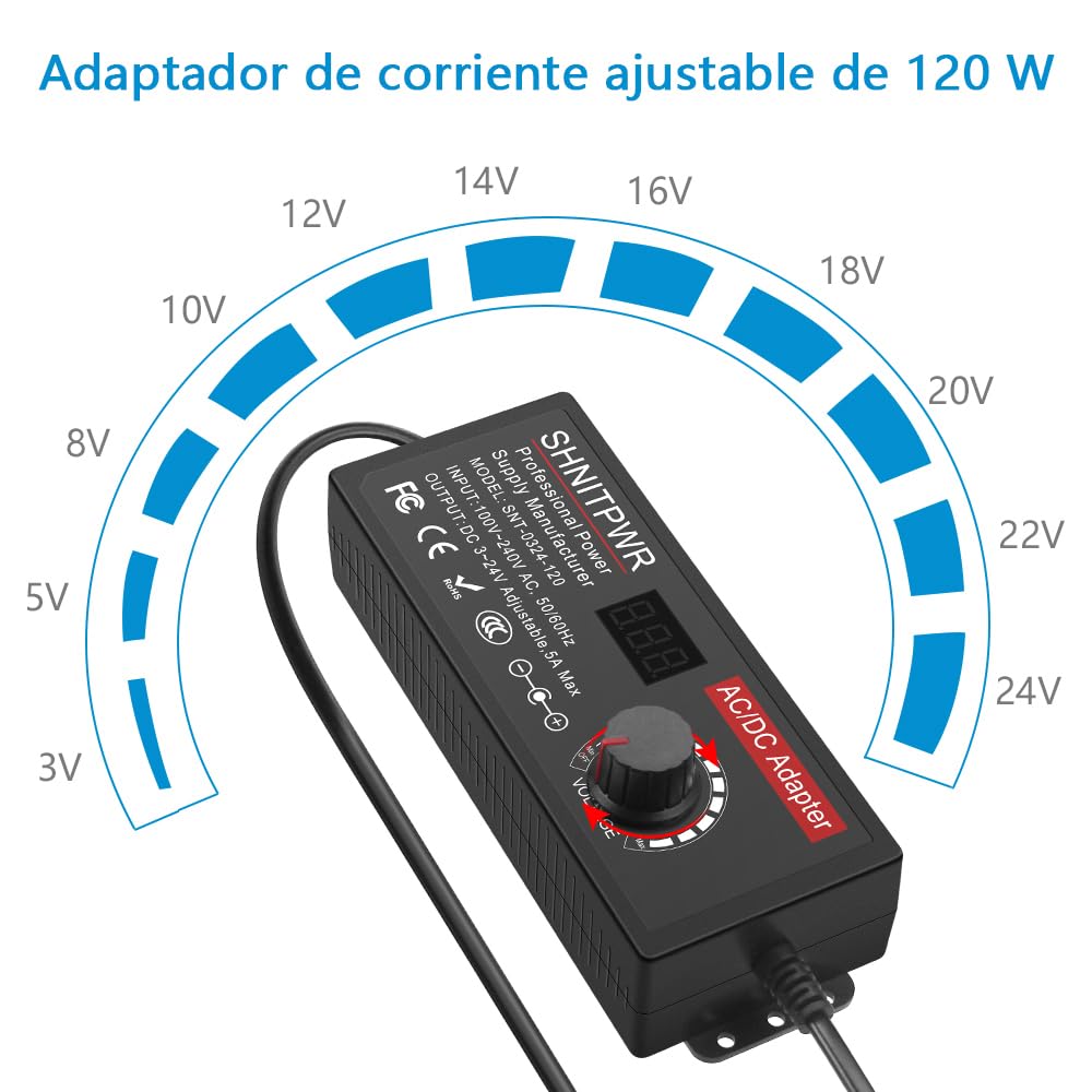 SHNITPWR Alimentatore universale da 3,5V ~ 24V, 120W, 5A, AC/DC, con 14 connettori adattatori, per dispositivi elettronici da 3,5 V a 24V, cornice per fotocamera per baby monitor e strisce LED, ecc.