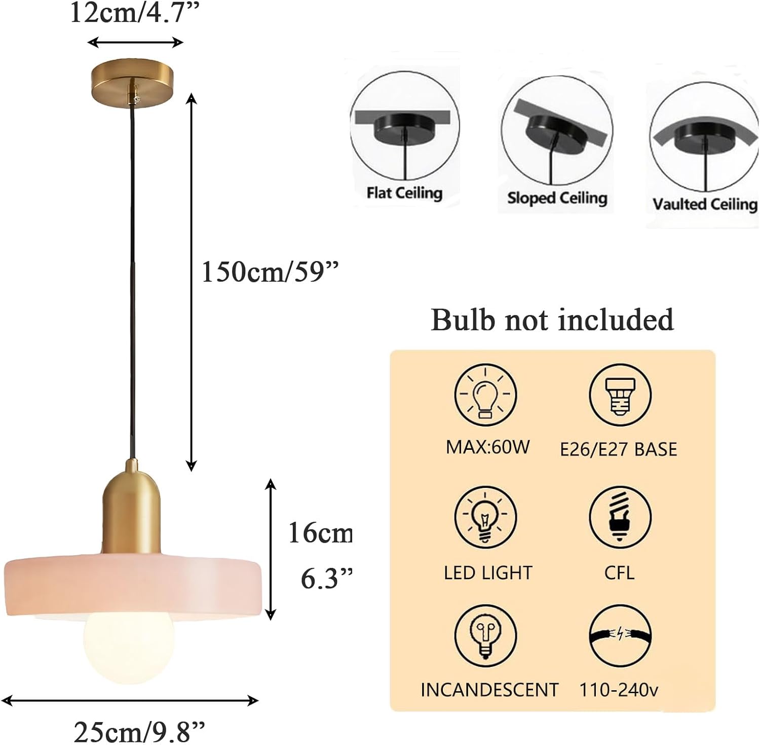 Brikey 9.8 inch Pink Glass Hanging Pendant Light with Brass Gold Base Pendant Hanging Lamp for Kitchen Island Dinning Table Bedroom (Pink, 9.8 inch)
