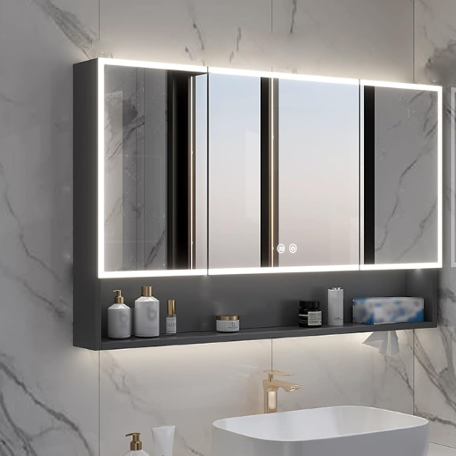 Inteligente armario espejo baño con luz y espejo,Moderna Armario con Espejo Antivaho de Maquillaje,Espejo de Maquillaje para Inodoro,Interruptor Táctil,Agujero papel(Gray,100*13*70cm/39.4*5.1*27.6in)