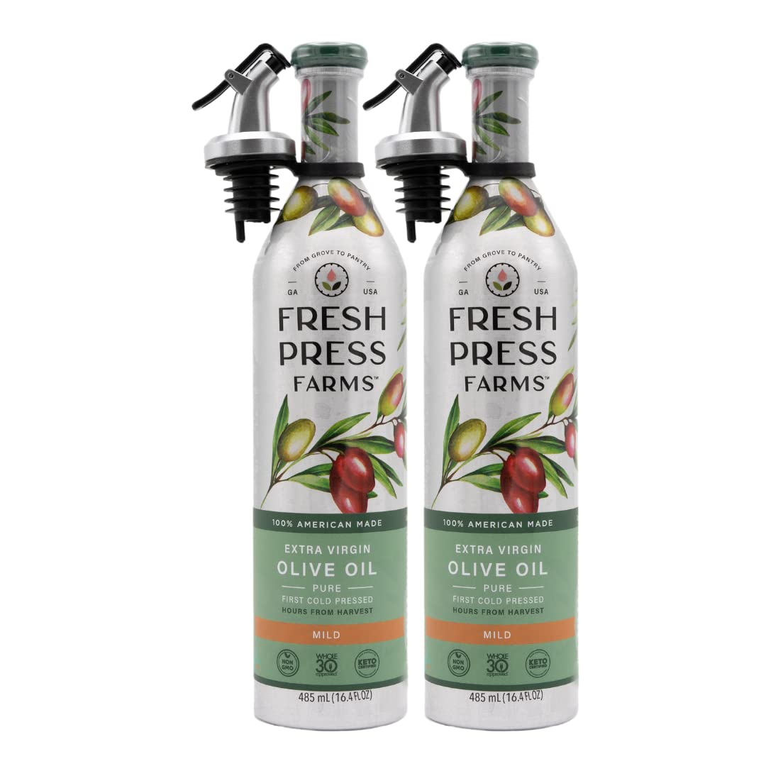 Fresh Press Farms Cold Pressed Mild Extra Virgin Olive Oil, 16.4 Fl Oz (Pack of 2), Georgia Grown, 100% American Made, Unrefined, Certified Whole30, Non-GMO, Keto, Paleo, Gluten Free