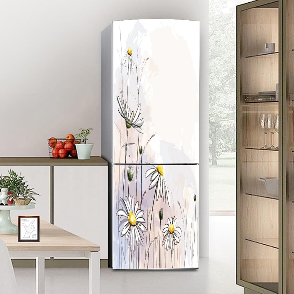 Targawerelax White Fridge Wraps Kitchen Fridge Stickers Cover Full Doors, Fridge Sticker Full Covering Door Fridge Covers Skins Wall Stickers For Kitchen Decal, Wild Chrysanthemum