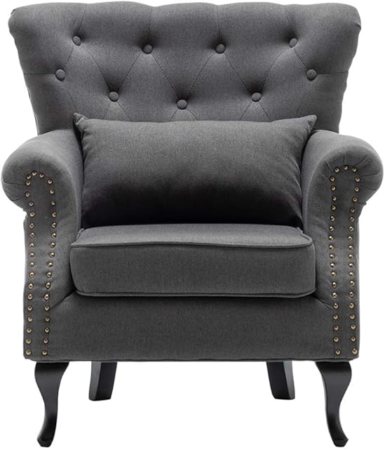 Warmiehomy Modern Fabric Armchair Upholstered Accent Buttoned Wing Chair Conservatory Bedroom Living Room Furniture (Dim Grey)