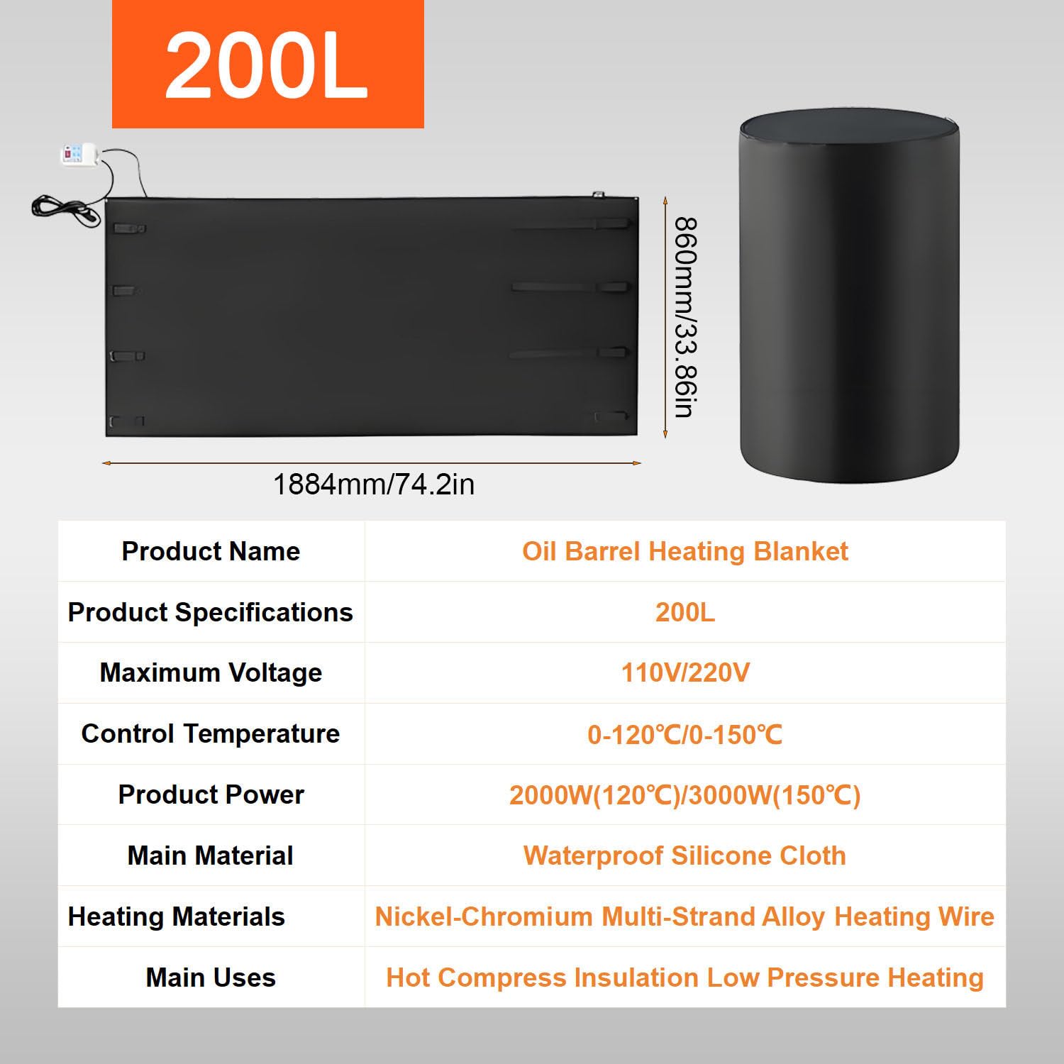 Coperta riscaldante isolata per fusti da 200L/1000L, riscaldatore per fusti IBC, riscaldamento rapido e temperatura regolabile opzionale da 0 a 120℃/0 a 150℃, per fusti di petrolio 200L120°-BLACK