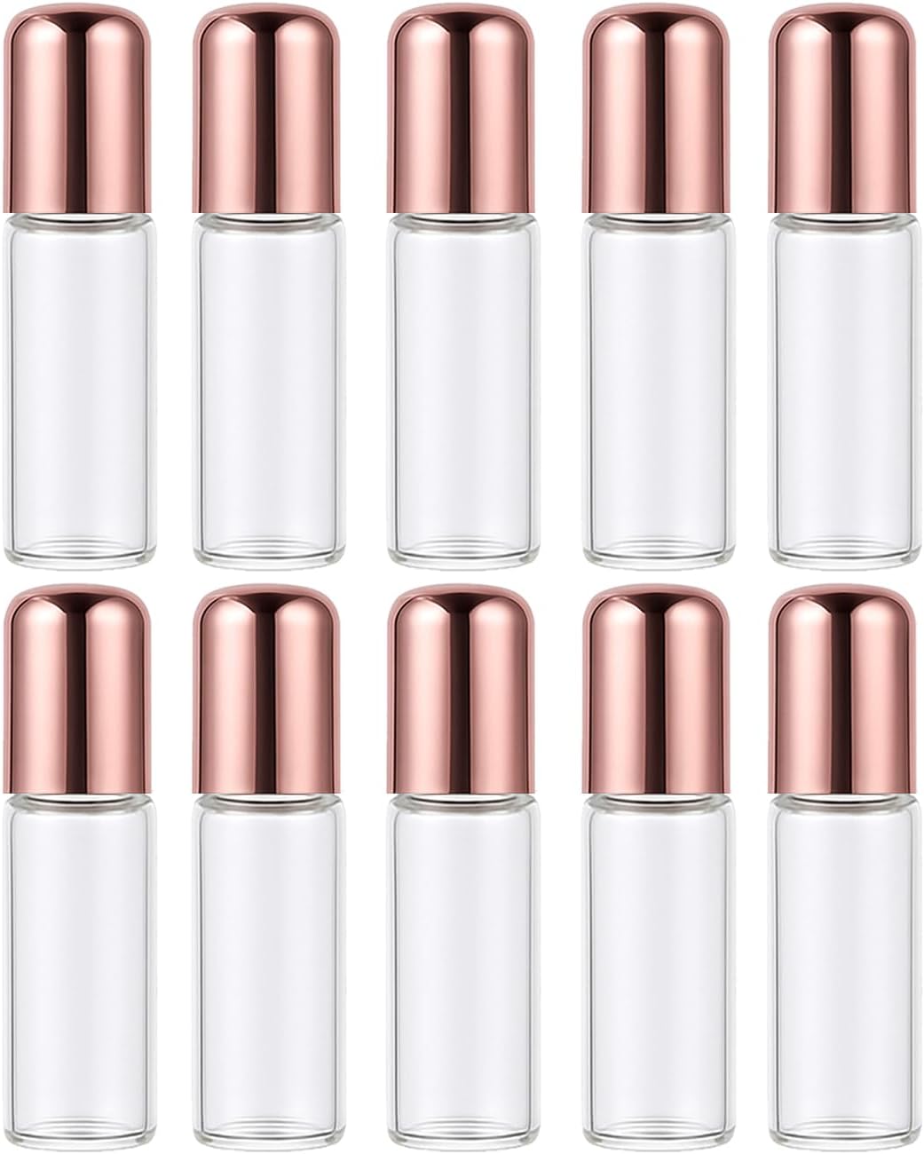 10 Packs 5ml/0.17oz Clear Glass Roller Bottles with Rose Gold Caps Empty Roll On Bottles Travel Refillable Vials for Essential Oils, Perfume, Aromatherapy, DIY Fragrance