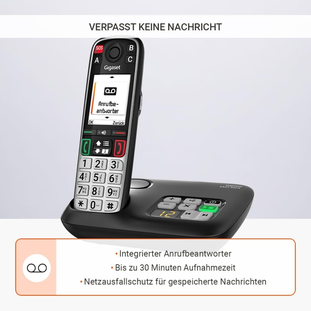 Gigaset Easy 520A Seniorentelefon mit Anrufbeantworter, SOS-Notruf, Schwarz | 2,2-Zoll-Farbdisplay, Freisprechfunktion, Direktwahltasten, Made in Germany, [Kompatibel in DE, IT, FR, NL, BE, CHE, AUT]