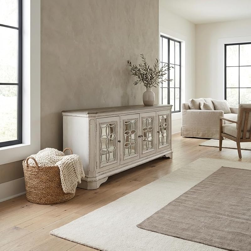 Starlight Canyon Home White TV Console, Antique White, Solid and Manufactured Wood, Spacious Interior, Modern Storage, European Traditional Style image 3
