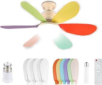 Socket Ceiling Fans with Lights and Remote, Infinitely Dimmable LED Lights with Rainbow Fan Blade, E27 Base Socket Extender Small Ceiling Fan with 3 Colors 2800K-6500K, 2700 Lumens with B22 Adapter [Energy Class A+++]