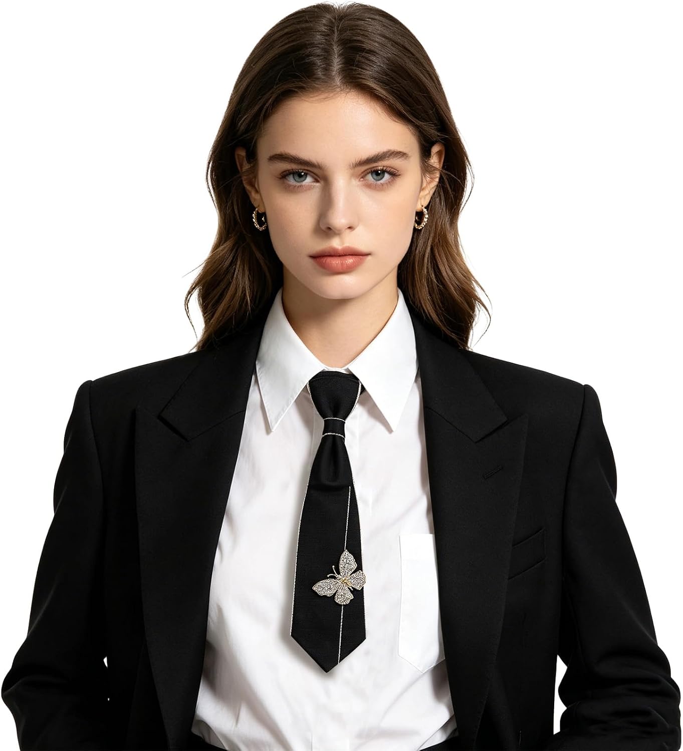 Women's Pre-Tied Necktie with Rhinestone Decoration Banquet Tie | Effortless Style in Seconds Butterfly Flower Chain Pearl Decor Adjustable Neck Tie for Wedding Prom Party Streetwear Concert