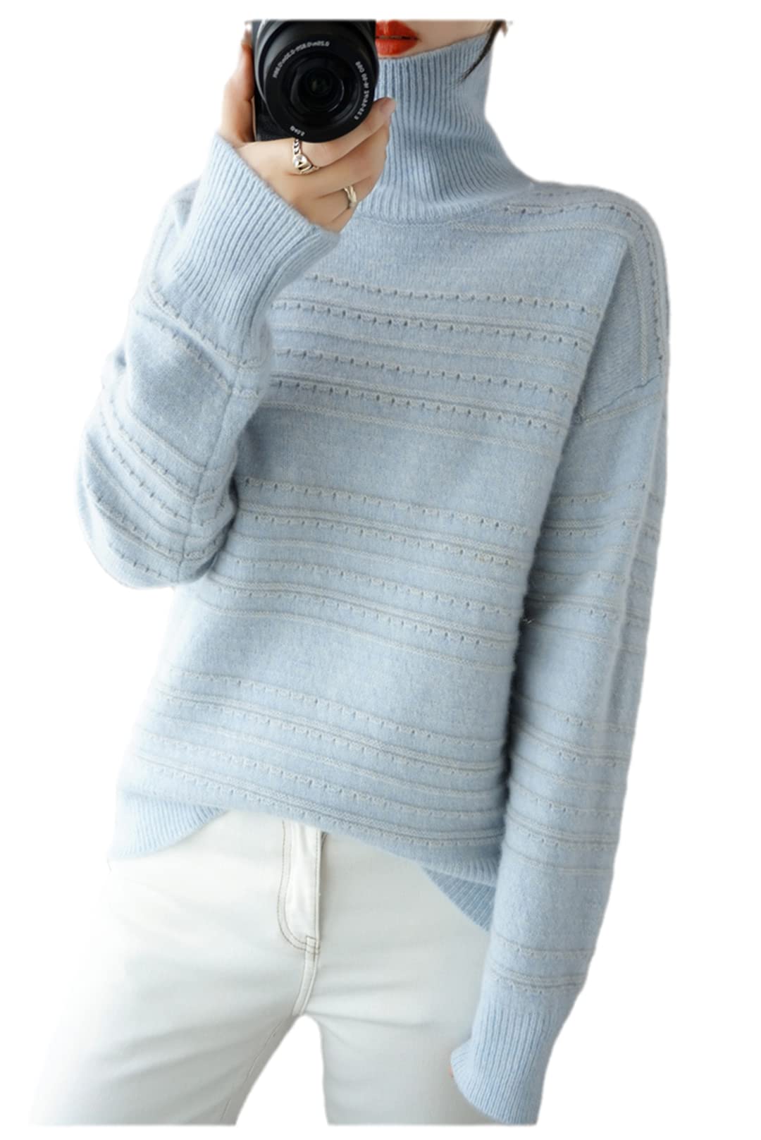 Disimlarl Camicia calda spessa di grandi dimensioni del maglione del cachemire della lana delle donne, Blu acqua, XXL