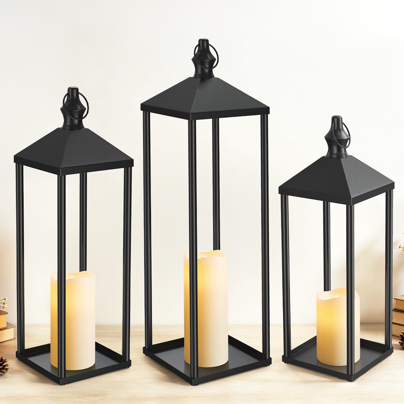 Lot de 3 lanternes à bougie en métal noir - Lanternes décoratives de 55,9