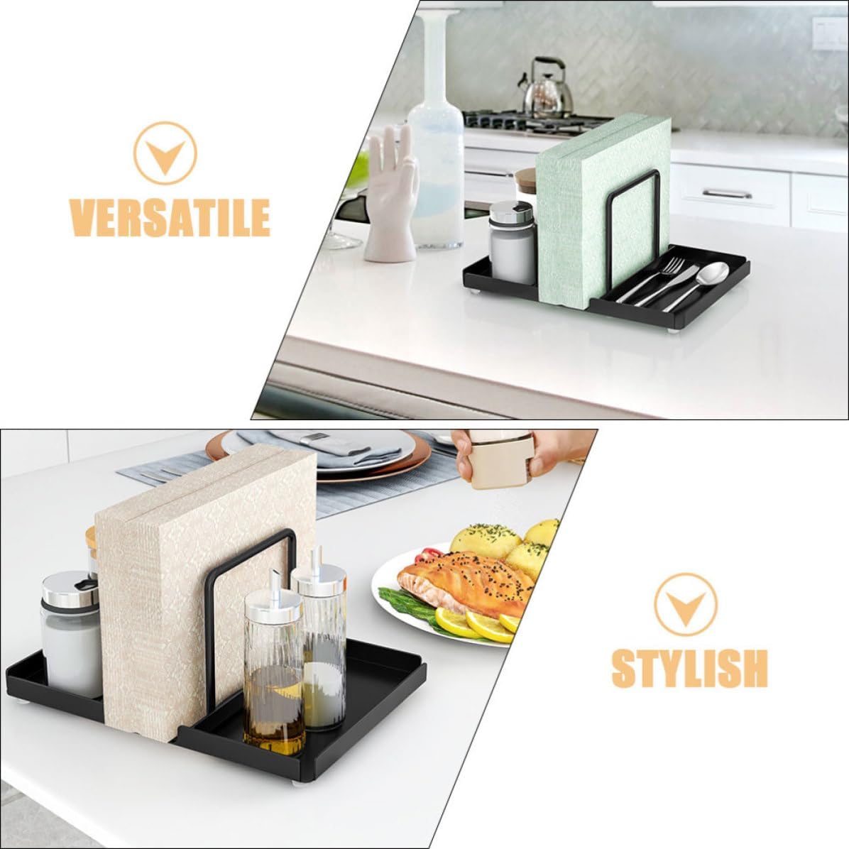 Multifunctional Iron Table Napkin Holder with Salt and Pepper Shakers Holder, Space-saving Napkin Storage for Kitchen Countertop Organization, Rustic and Modern Decorative Design