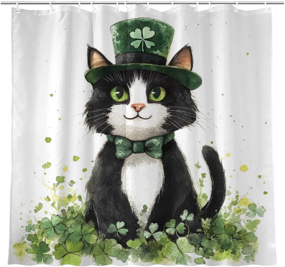 St Patrick's Day Shower Curtain Clover Shamrock Bathroom Curtain Set Tuxedo Cat Shower Curtain Bath Decor Green Shower Curtain with 12 Hooks 72" x 72"