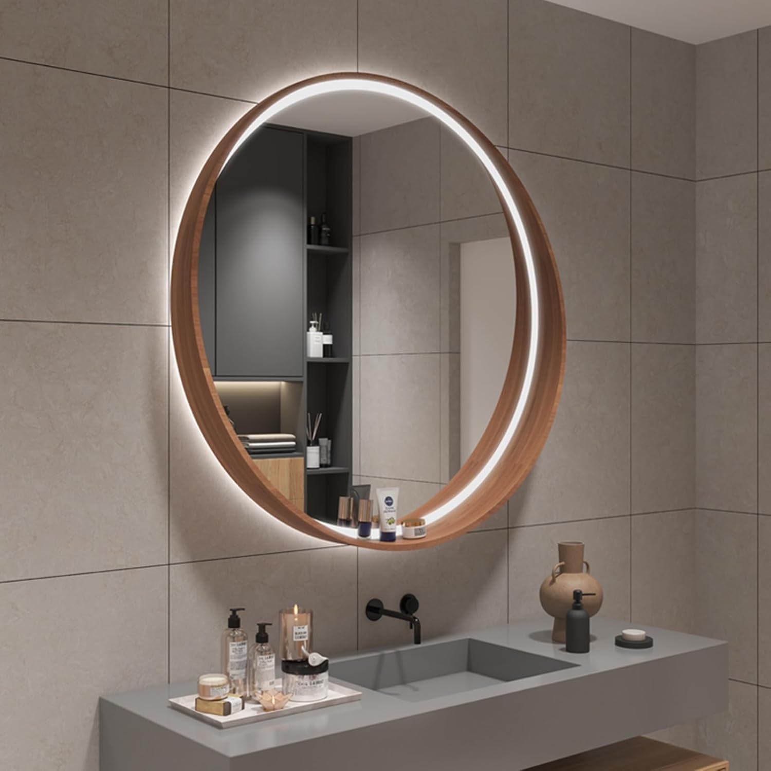 Miroir de salle de bain rond à LED tactile 3 lumières bois