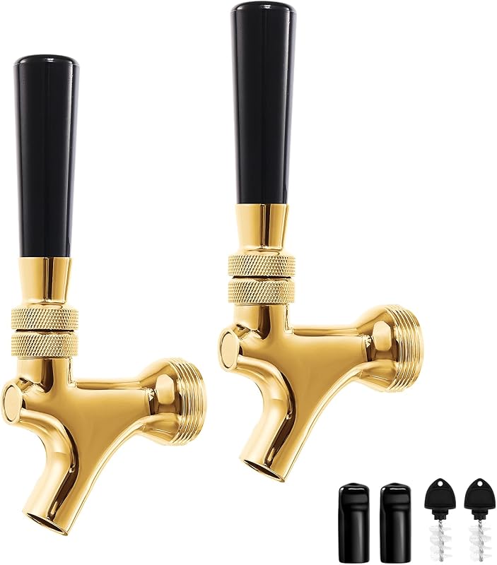 Golden Kegerator Tap Beer Faucet, 2Pcs All 304 Stainless Steel Draft Keg Tap Beer Tower Faucet with Beer Covers Caps Plugs, Beer Dispenser Kegerator Parts for Homebrew