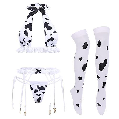 FYMNSI Women Sexy Milk Cow Lingerie Set Anime Maid Cosplay Costume Mini Bikini Bra Bodysuit with Bell Choker Stockings Outfit